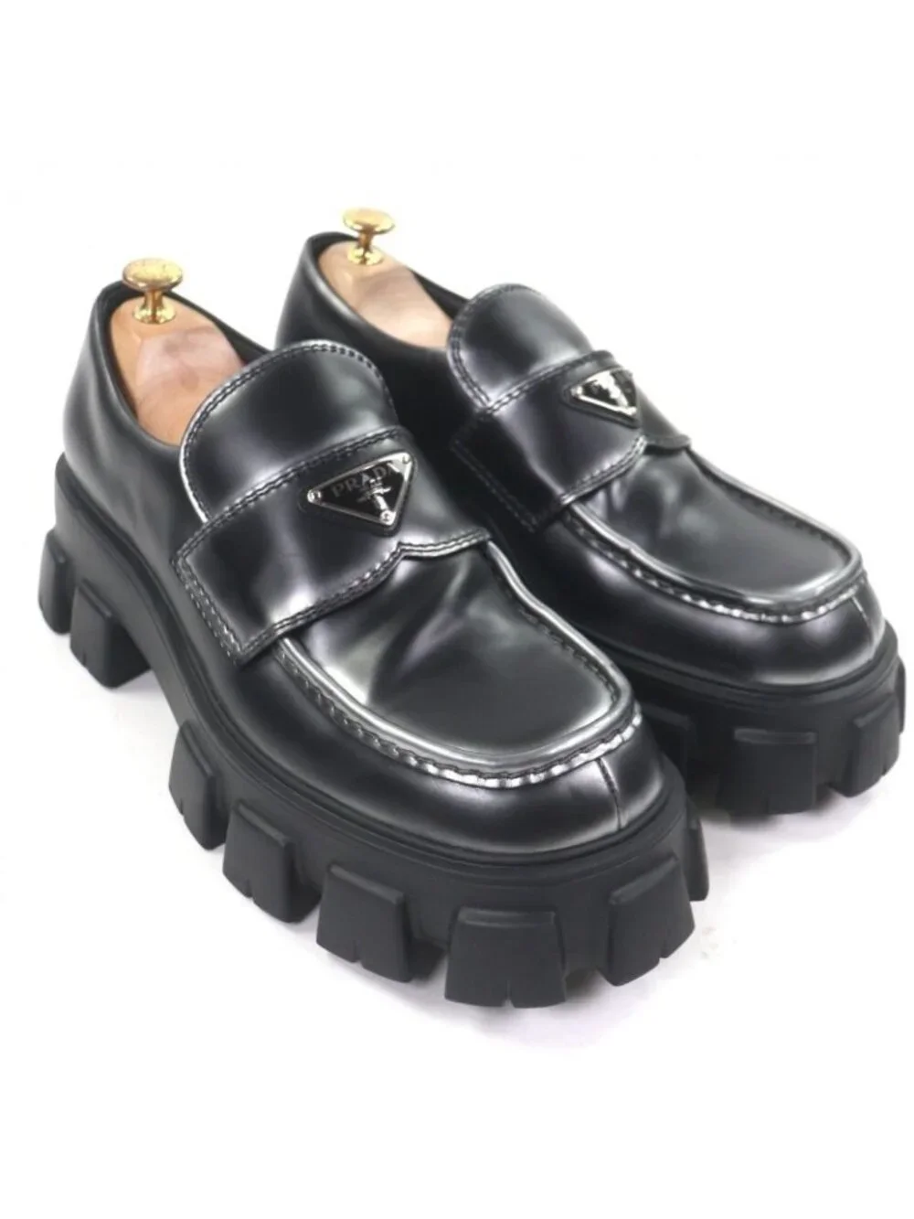 ★SOLD★ Prada Monolith Triangle Logo Plate Track Sole Leather Shoes Loafers Black - Picture 2 of 10